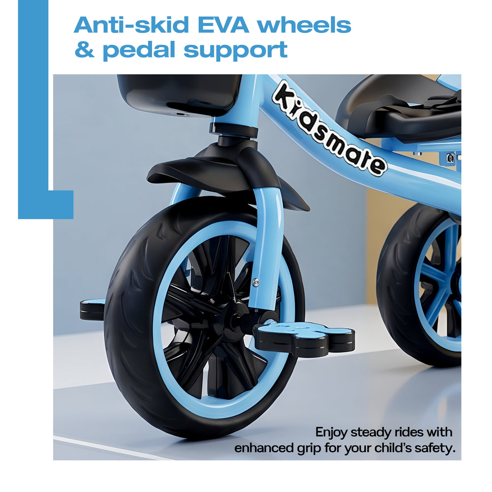 Colorful Kidsmate Zoom Trike Cycle featuring anti-skid EVA wheels and pedal support, designed for enhanced grip and safety for children.