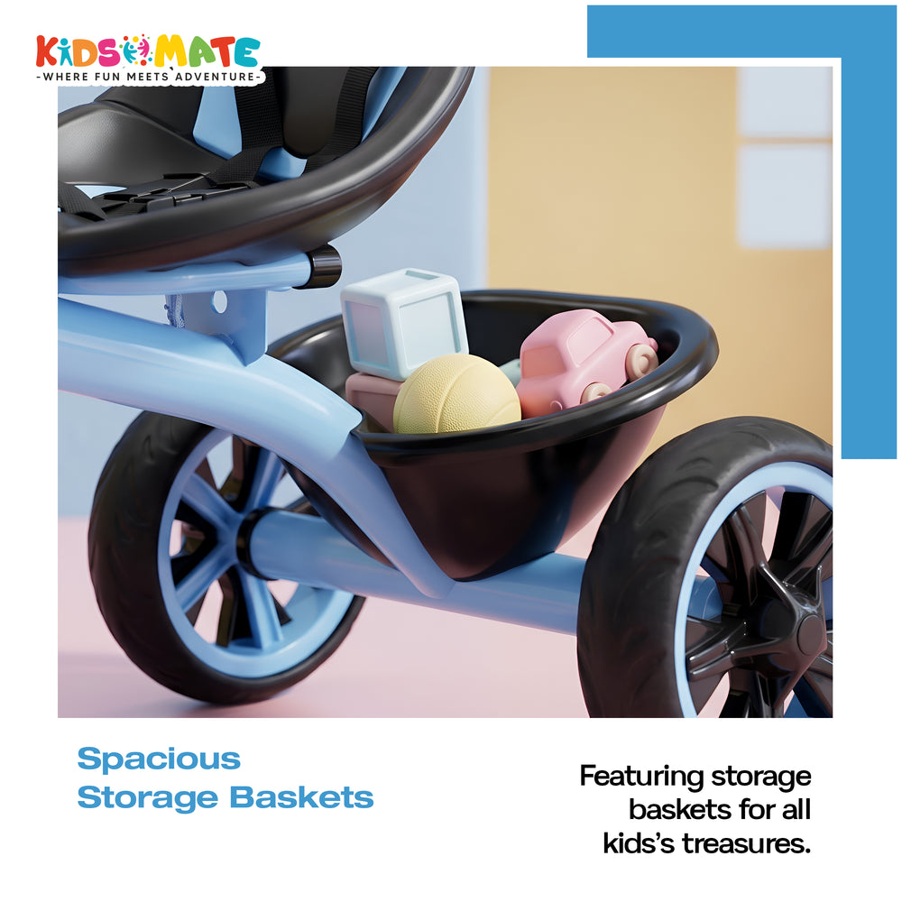 A colorful trike cycle designed for kids, featuring spacious storage baskets. The cycle has a blue frame and black seat, set against a playful background.