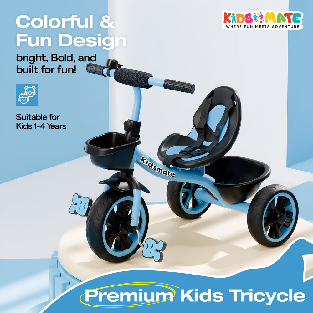 A vibrant blue tricycle designed for young children, featuring a comfortable seat, sturdy wheels, and a playful design. The Kidsmate logo is visible on the front, emphasizing fun and adventure.