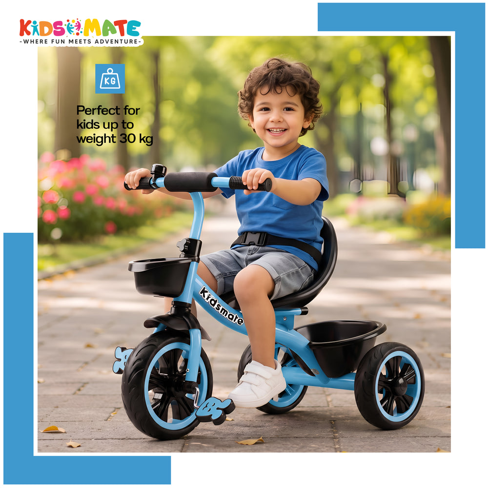 A cheerful child riding a blue trike cycle, smiling while seated comfortably. The trike features a sturdy design, ideal for young riders, with a playful aesthetic and a supportive seat.