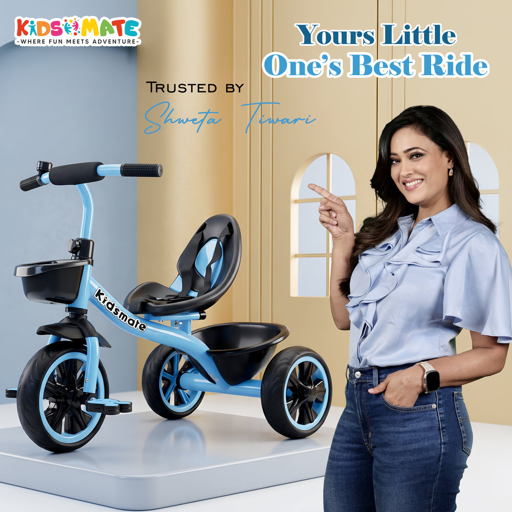 A vibrant blue trike cycle for kids, featuring a comfortable seat and sturdy wheels. A smiling woman in a stylish outfit stands beside it, promoting the product with a friendly gesture.