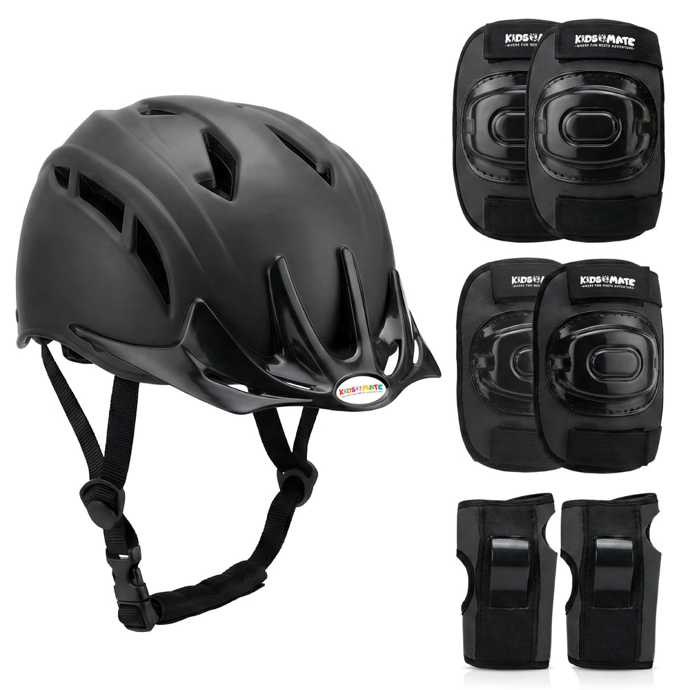 A black protective gear set for kids, including a sleek helmet and matching knee and elbow pads. The helmet features ventilation holes and adjustable straps, while the pads are designed for comfort and safety.
